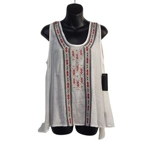 A. Byer Women's Off-white Embroidered Split Back Top Blouse Size L NWT